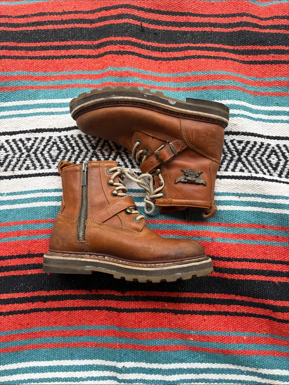 Vintage Harley-Davidson Tobacco Brown Lace-Up Leather Boots with Side Zip